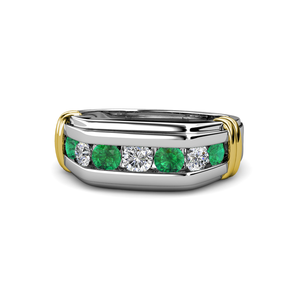 Brad Round Emerald and Diamond 7 Stone Men Wedding Ring (8.5 mm) 